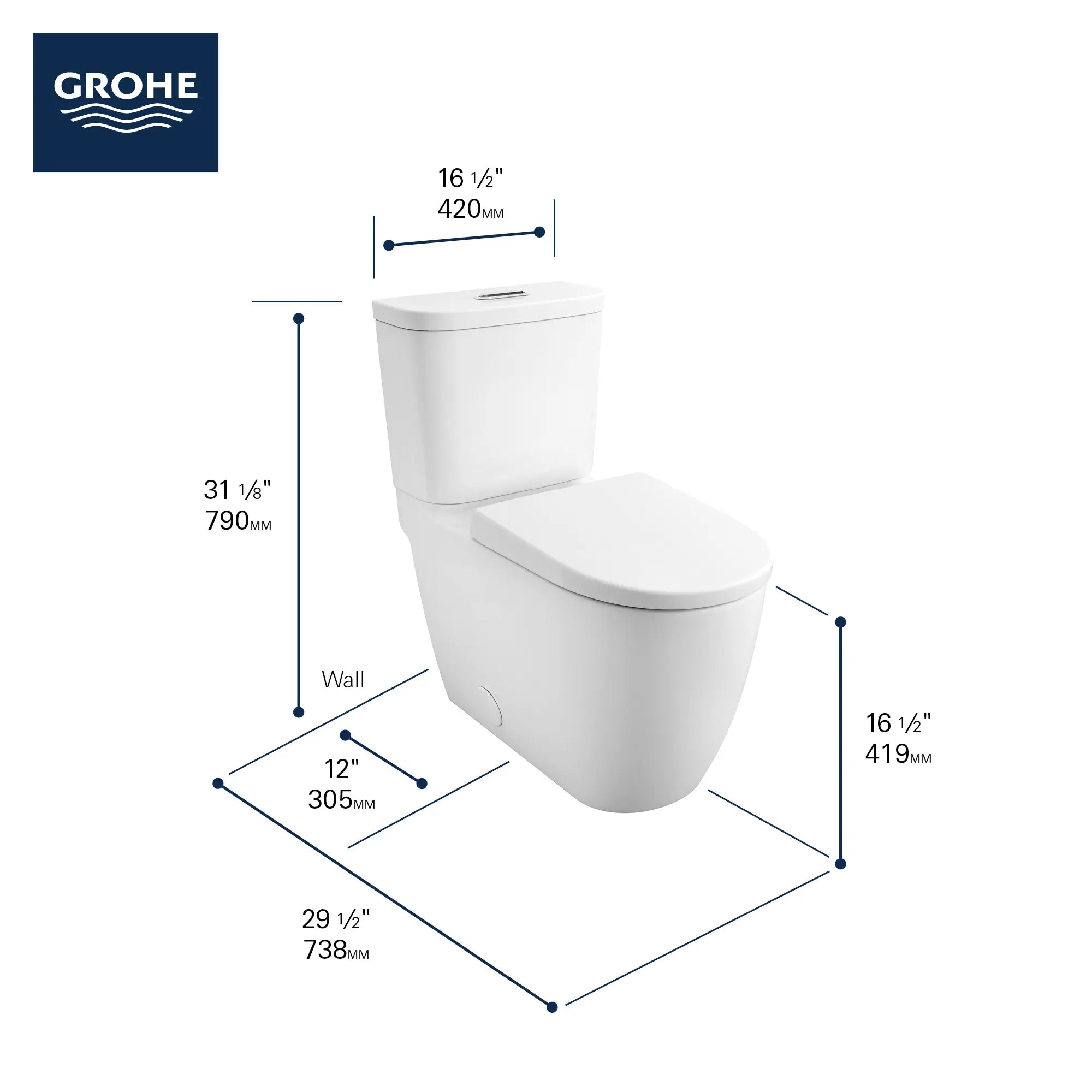 Two-piece Dual Flush Right Height Elongated Toilet with seat // ALPINE WHITE // 68727_GROHE_Essence_Toilet_39674000_Infographic_2_0_CDNwebp.webp