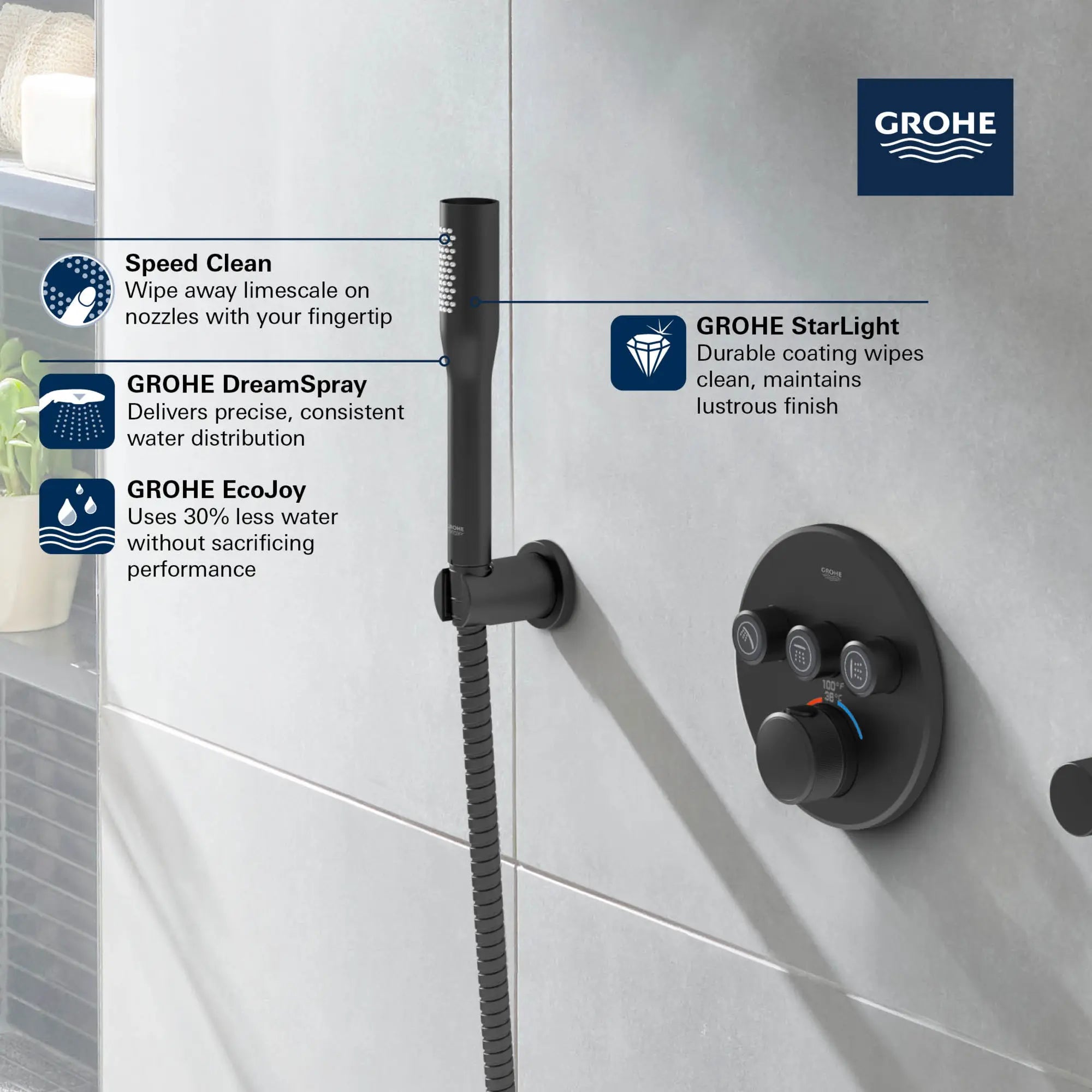 Stick Hand Shower - 1 Spray, 6.6 L/min (1.75 gpm) // GROHE STARLIGHT CHROME // 68758_GROHE_Matte_Black_Launch_Euphoria_Cosmopolitan_Stick_Hand_Shower_26466_0_Info_1_0_CDNwebp.webp