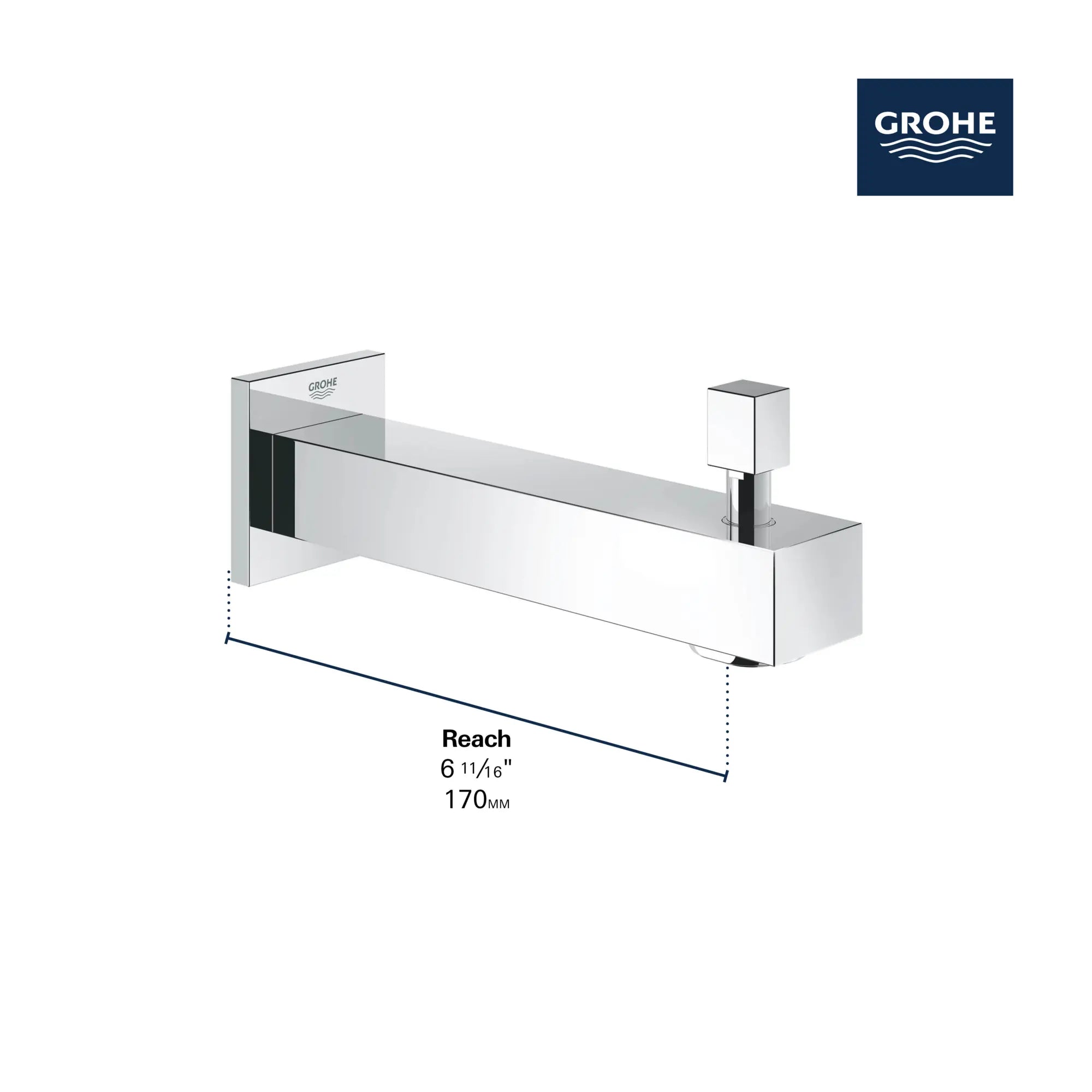 Diverter Tub Spout // GROHE STARLIGHT CHROME // 68817_GROHE_Eurocube_Tub_Spout_Dimensional_13307_0_Infographics_1_0_CDNwebp.webp