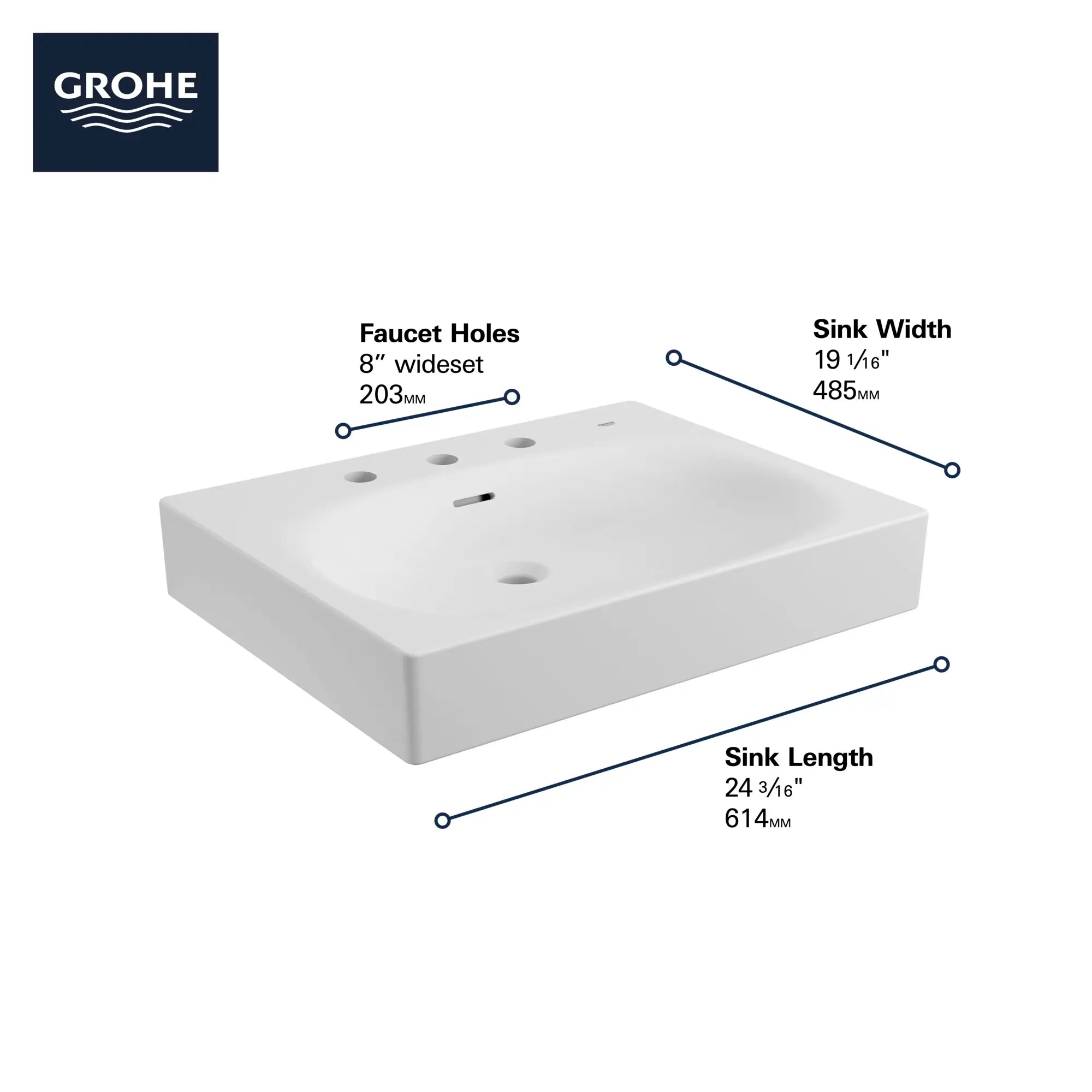 Wall Mount 24" Bathroom Sink, 3-hole // ALPINE WHITE // 68818_GROHE_Eurocube_Sink_39655000_Infographics_1_0_CDNwebp.webp