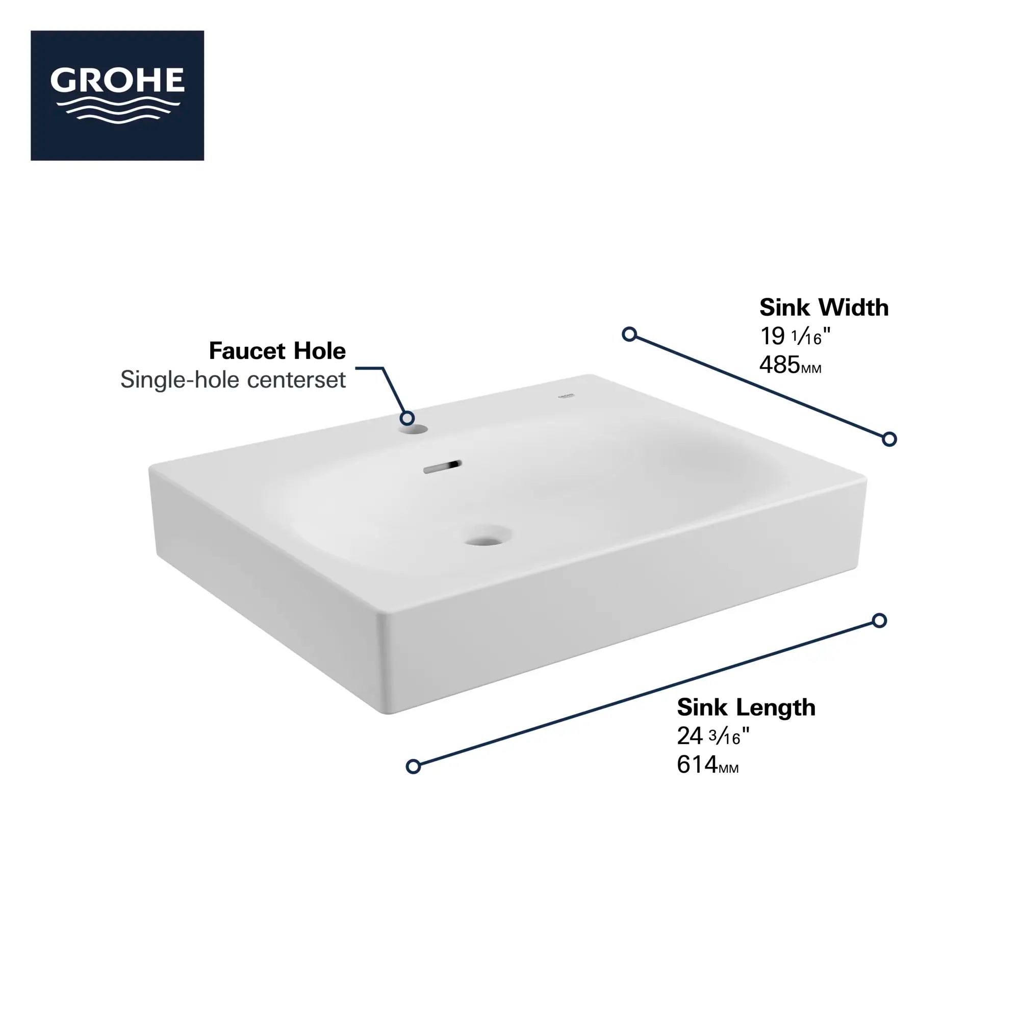 Wall Mount 24" Bathroom Sink, 1-hole // ALPINE WHITE // 68822_GROHE_Eurocube_Sink_39656000_Infographics_1_0_CDNwebp.webp