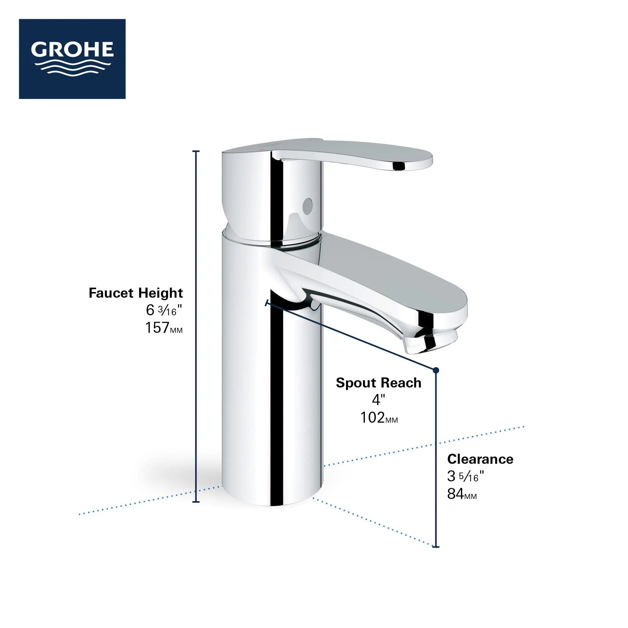 Single Hole Single-Handle S-Size Bathroom Faucet 1.2 GPM Less Drain // GROHE STARLIGHT CHROME // 68875_GROHE_Eurostyle_Cosmopolitan_2304200A_Infographic_2_0_CDNwebp.webp