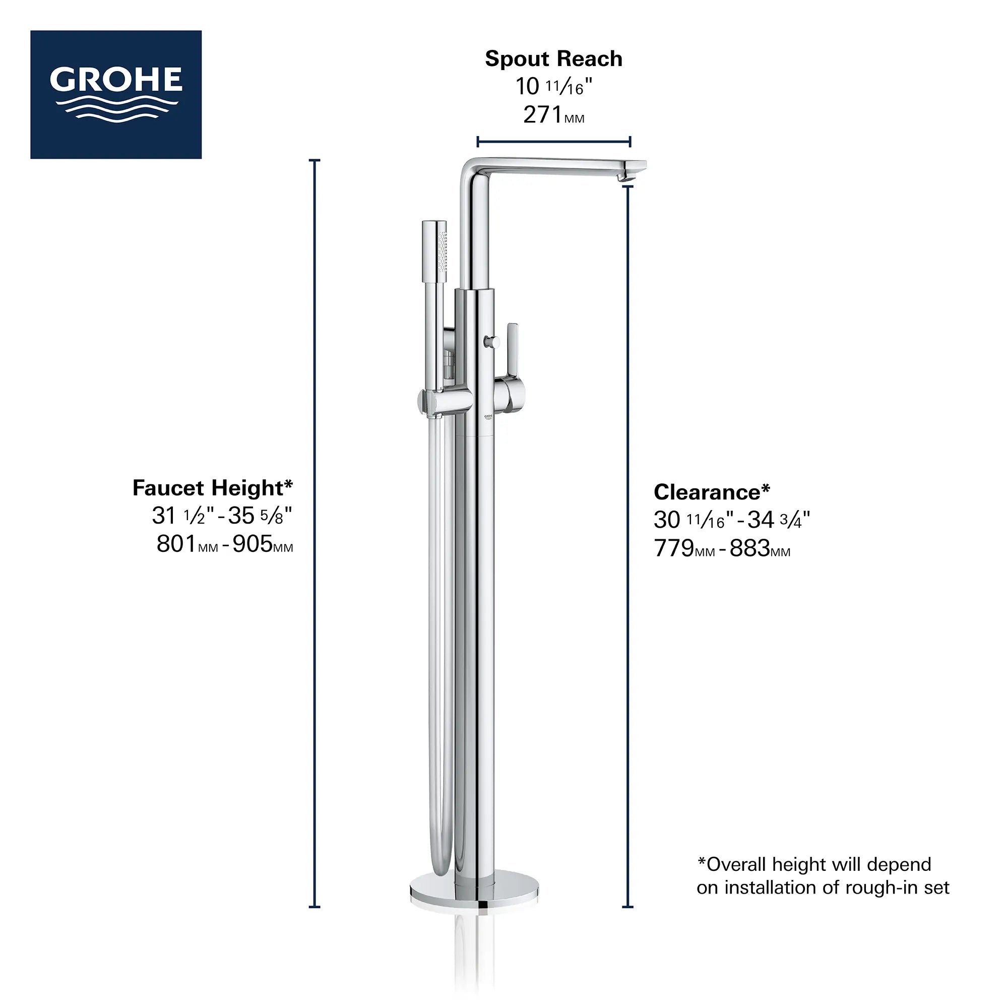 Single-Handle Freestanding Tub Faucet with 1.75 GPM (6.6 L/min) Hand Shower // GROHE STARLIGHT CHROME // 68986_2019_GROHE_Lineare_23792001_Infographic_1_0_CDNwebp.webp