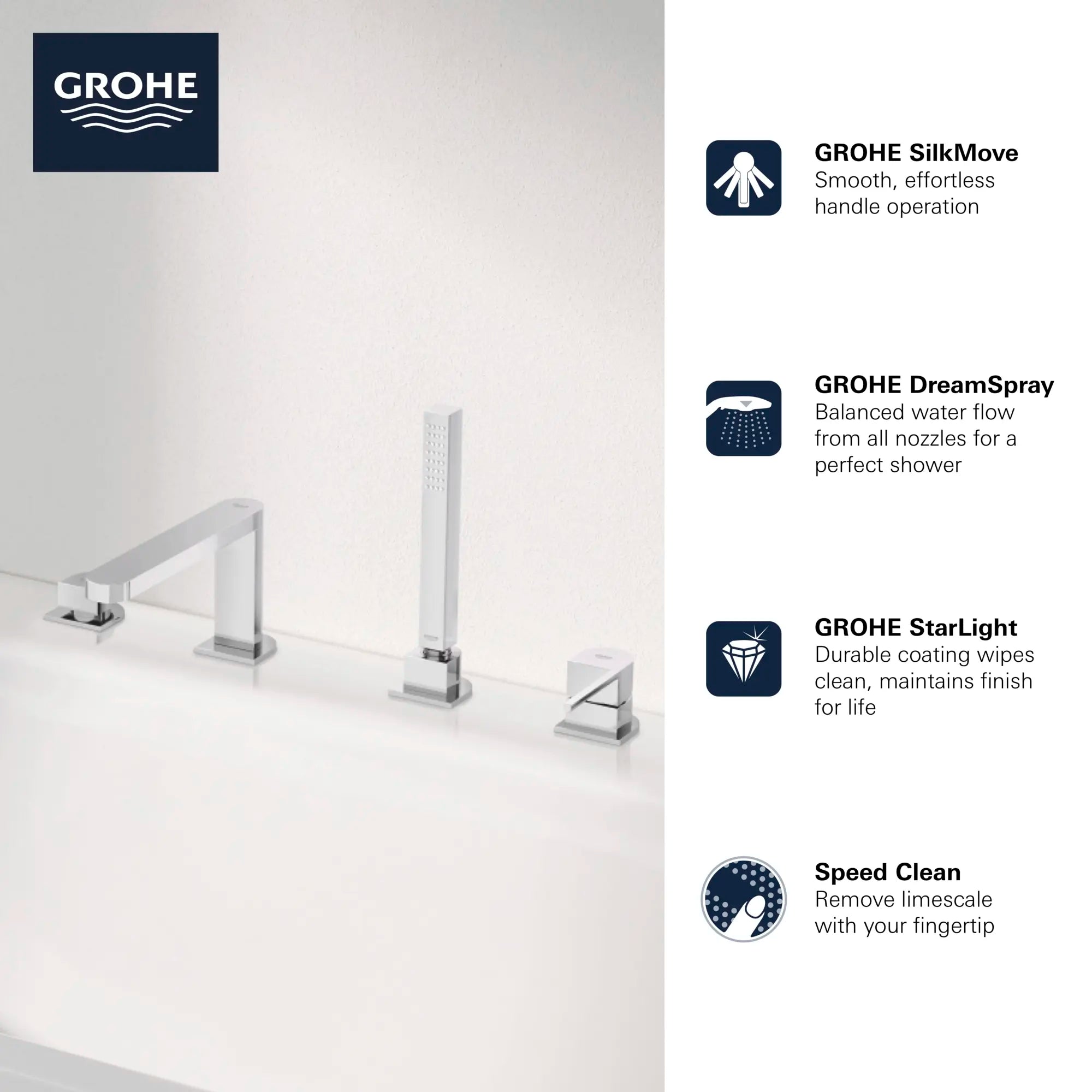4-Hole Single-Handle Deck Mount Roman Tub Faucet with 1.75 GPM (6.6 L/min) Hand Shower // GROHE STARLIGHT CHROME // 69047_GROHE_Plus_Bath_29307003_Info_F1_0_CDNwebp.webp