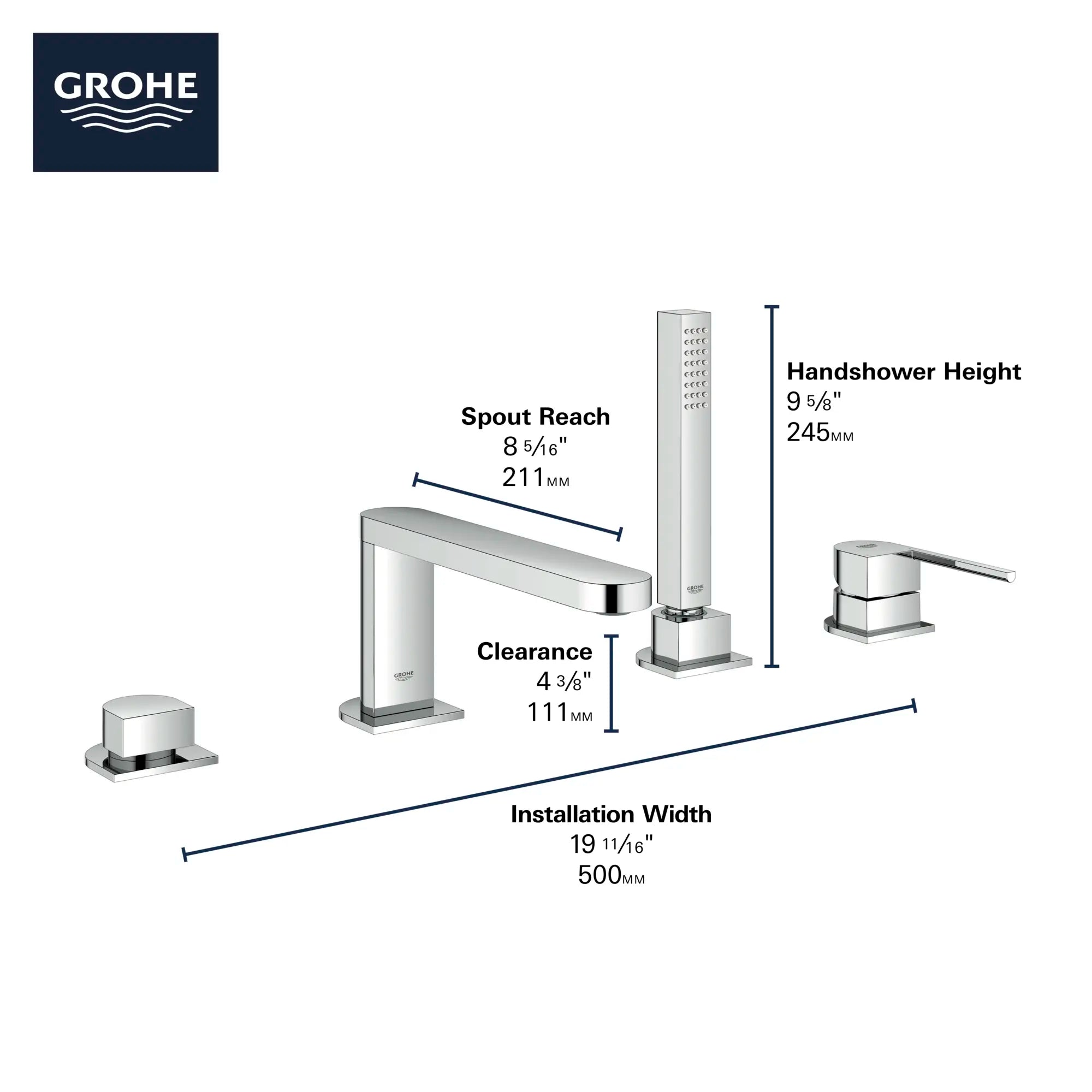 4-Hole Single-Handle Deck Mount Roman Tub Faucet with 1.75 GPM (6.6 L/min) Hand Shower // GROHE STARLIGHT CHROME // 69050_GROHE_Plus_Bath_29307003_Info_F2_0_CDNwebp.webp
