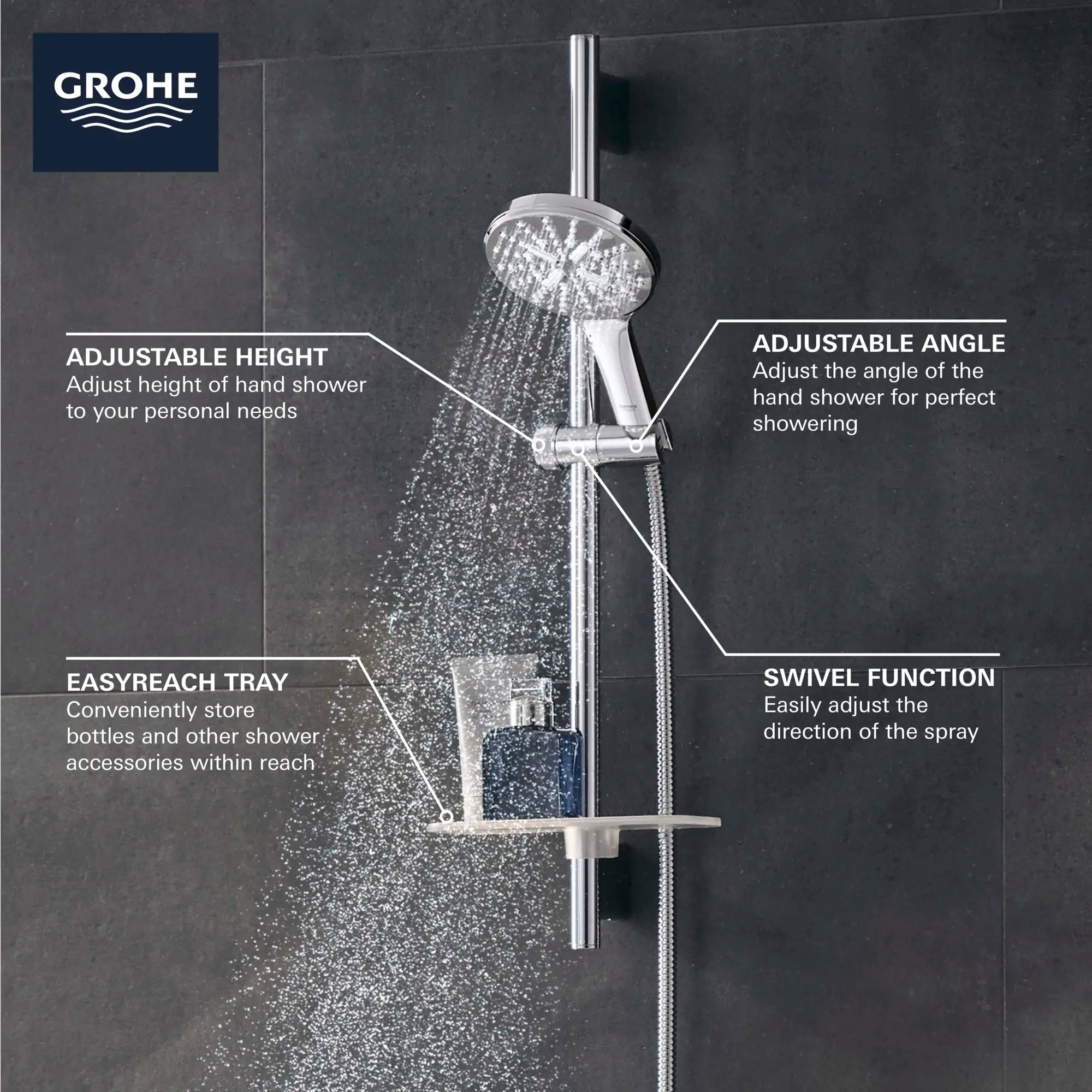 24" Shower Slide Bar Kit - 3 Sprays, 1.75 gpm (6.6 L/min) // GROHE STARLIGHT CHROME // 69110_GROHE_Info_SmartActive_HandShower_26547_F2_0_CDNwebp.webp
