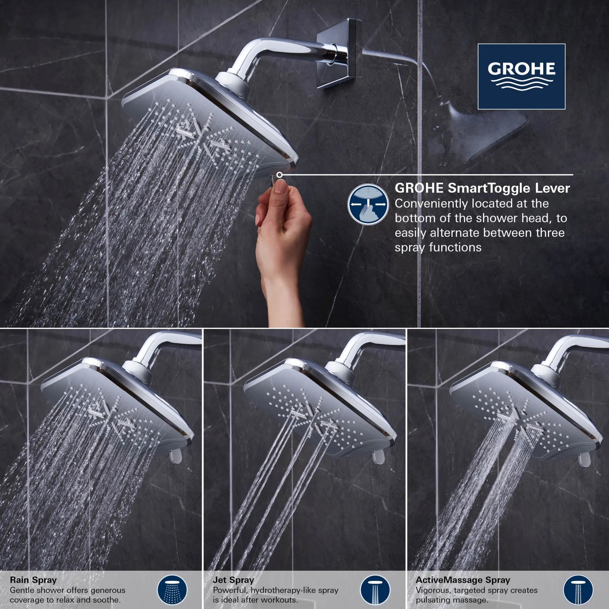 Shower Head, 6-1/2" - 3 Sprays, 1.75 GPM (6.6 L/min) // GROHE STARLIGHT CHROME // 69132_GROHE_SmartActive_Square_ShowerHead_26797_0_Infographics_3_0_CDNwebp.webp