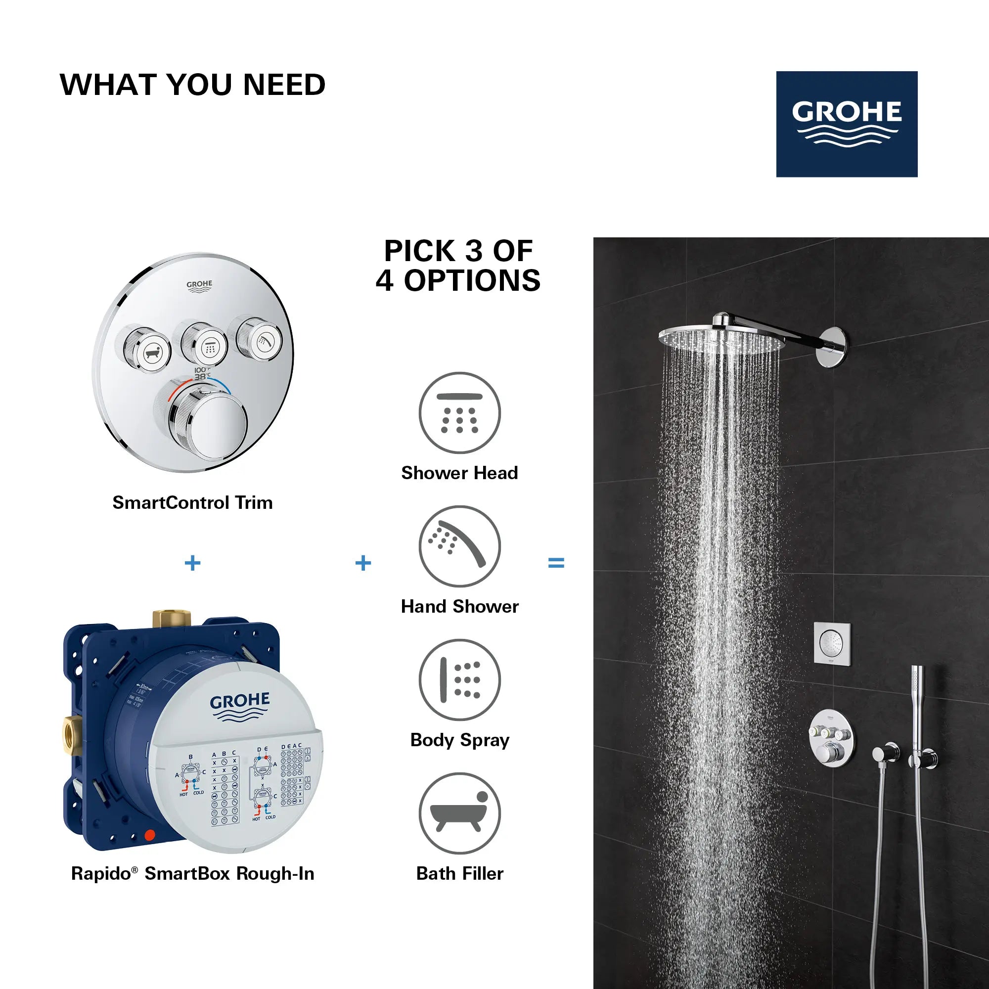 Triple Function Thermostatic Valve Trim // GROHE STARLIGHT CHROME // 69164_GROHE_SmartControl_Round_29138000_Triple_Function_Info_6_0_CDNwebp.webp