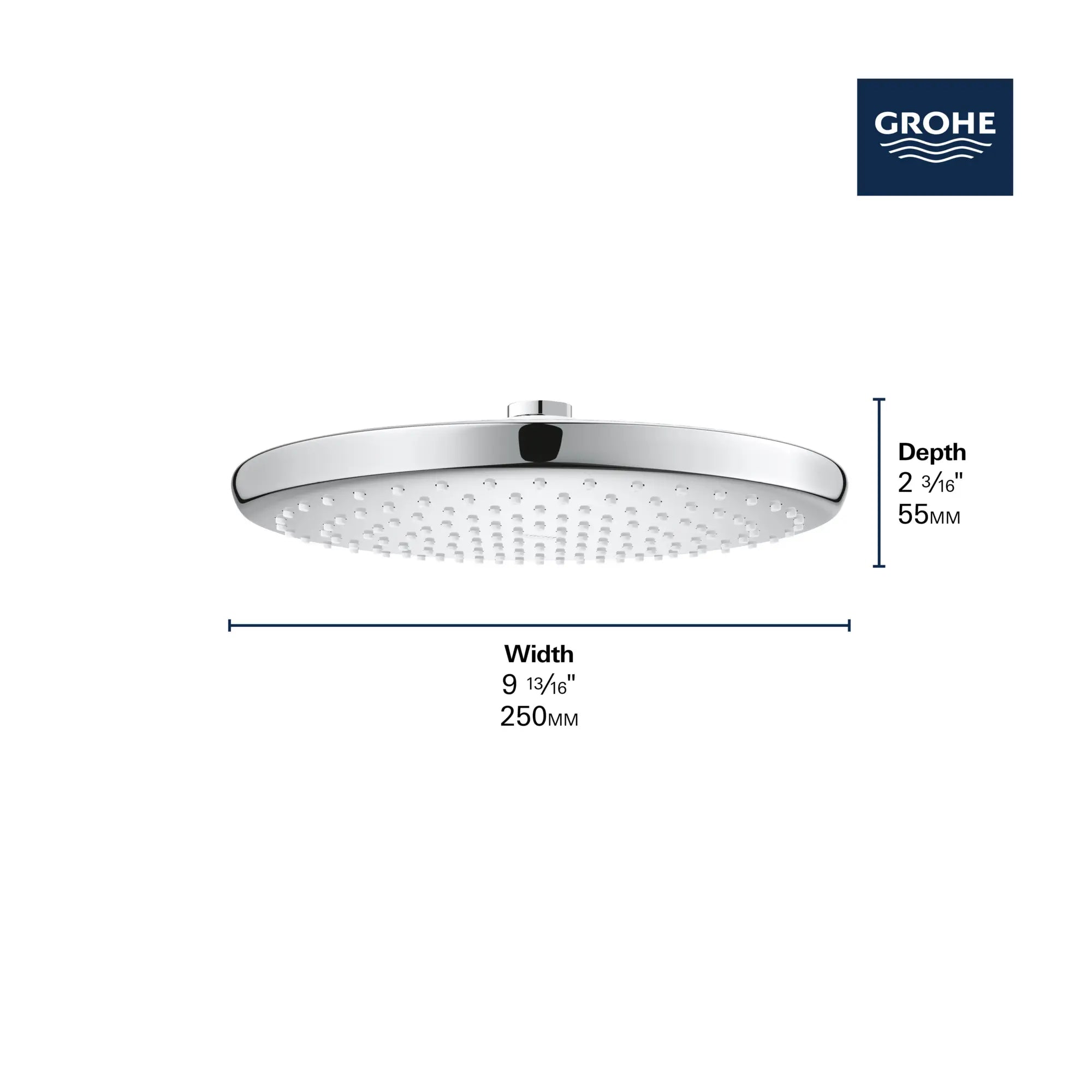 250 Rain Shower Head, 9 7?8" - 1 Spray, 1.75 GPM (6.6 L/min) // GROHE STARLIGHT CHROME // 69238_GROHE_Tempesta250_Round_26715_0_Infographics_2_0_CDNwebp.webp