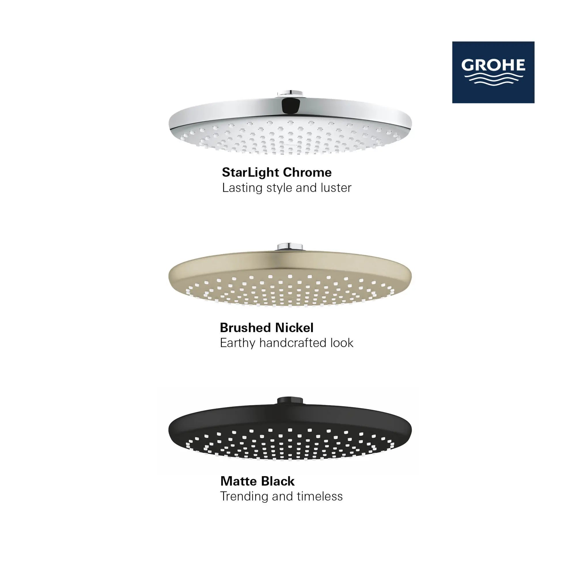 250 Rain Shower Head, 9 7?8" - 1 Spray, 1.75 GPM (6.6 L/min) // GROHE STARLIGHT CHROME // 69240_GROHE_Matte_Black_Launch_FINISH_26715_0_Tempesta_250_Shower_Head_Info_1_CDNwebp.webp