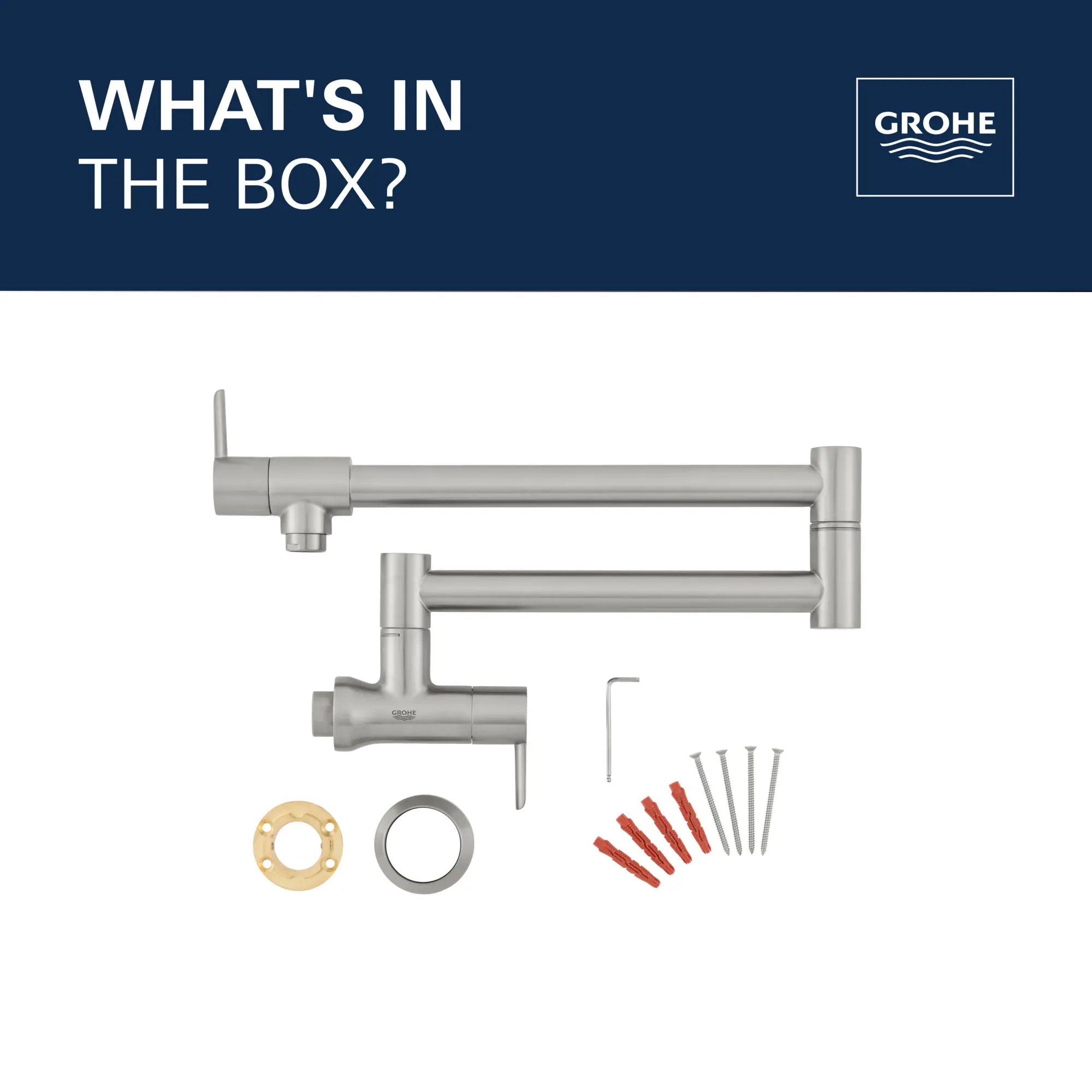 GROHE Zedra 2-Handle Wall Mount Pot Filler // SUPERSTEEL INFINITYFINISH // 69255_2021_GROHE_Zedra_WhatsintheBox_31075_2_Infographics_CDNwebp.webp