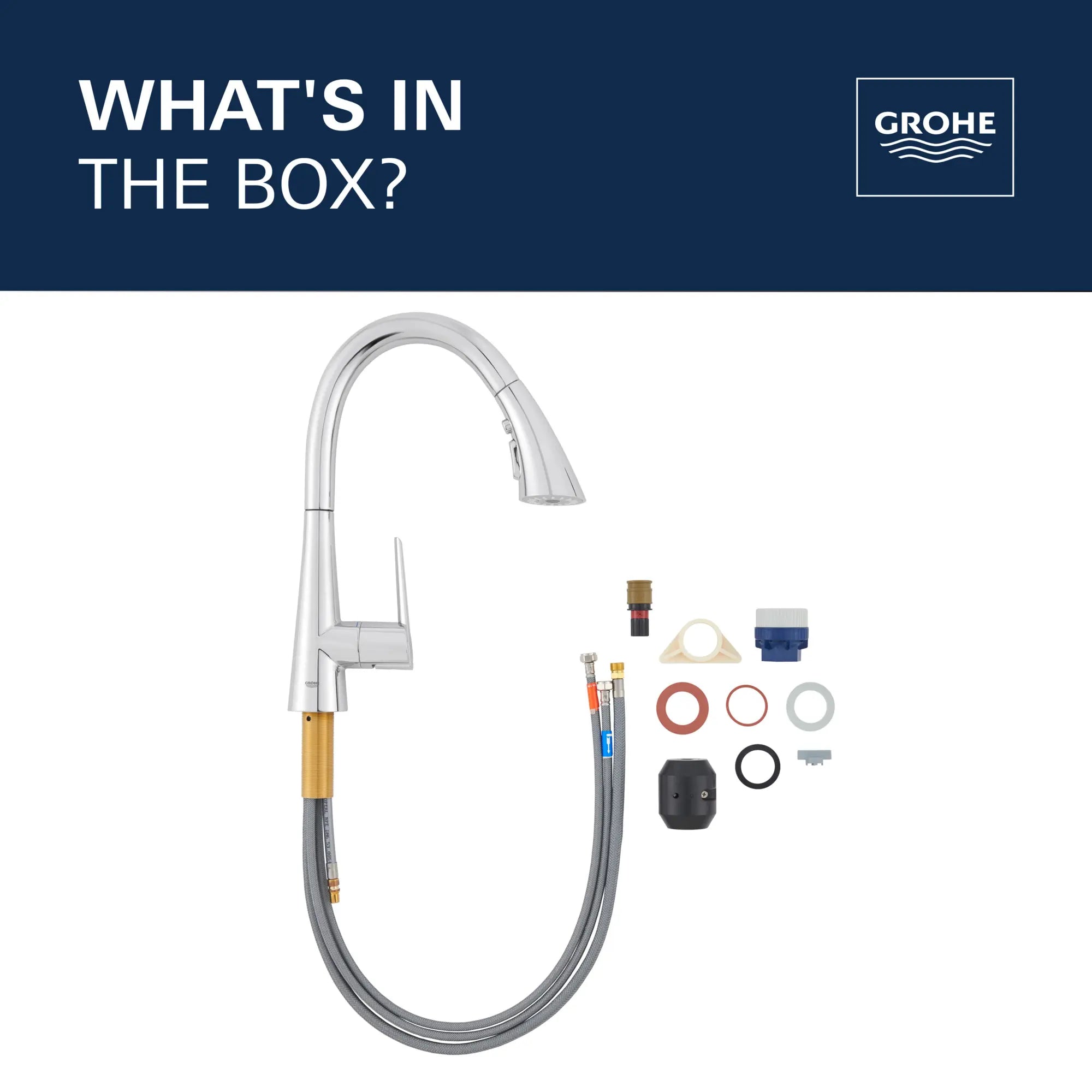 GROHE Zedra Single-Handle Pull Down Kitchen Faucet Triple Spray 1.75 GPM (6.6 L/min) // GROHE STARLIGHT CHROME // 69264_2021_GROHE_Zedra_WhatsintheBox_32298_3_Infographics_0_CDNwebp.webp