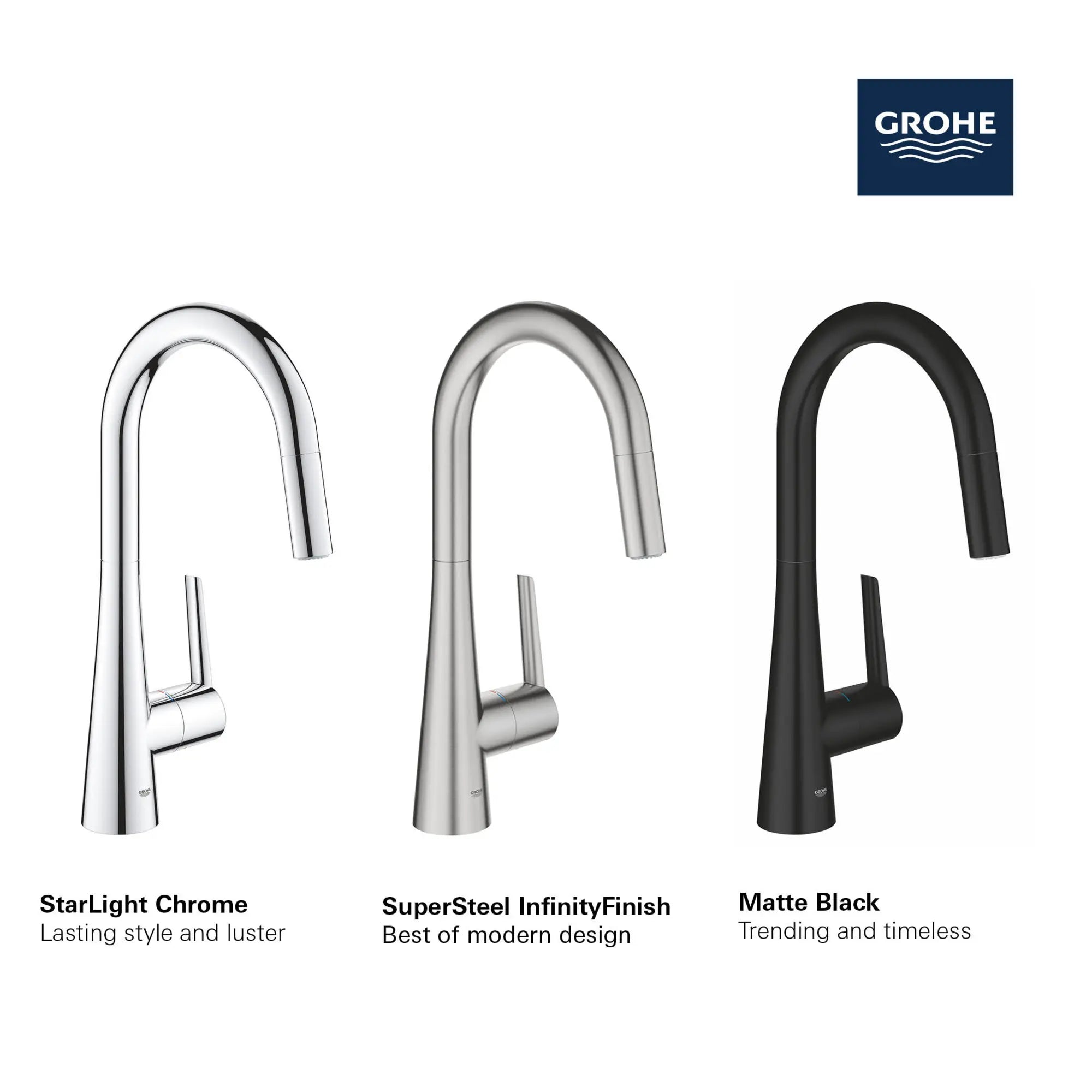 GROHE Zedra Single-Handle Pull Down Kitchen Faucet Dual Spray 1.75 GPM (6.6 L/min) // GROHE STARLIGHT CHROME // 69265_GROHE_Matte_Black_Launch_FINISH_32226_3_Zedra_Dual_Spray_Kitchen_Faucet_Info_1_0_CDNwebp.webp