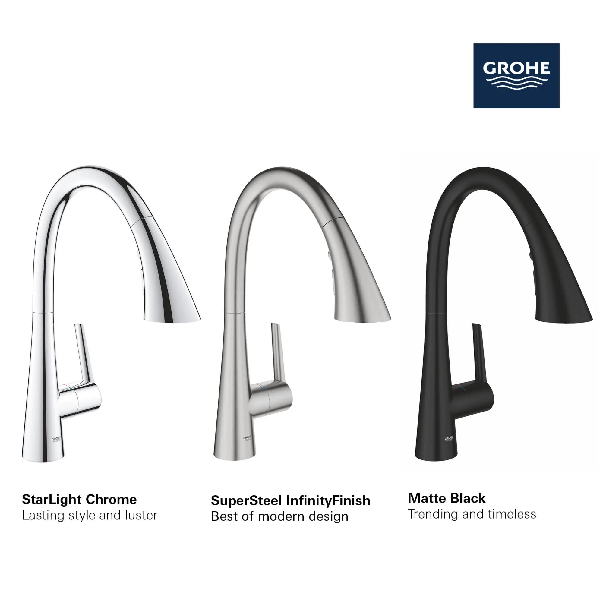 GROHE Zedra Single-Handle Pull Down Kitchen Faucet Triple Spray 1.75 GPM (6.6 L/min) // GROHE STARLIGHT CHROME // 69267_GROHE_Matte_Black_Launch_FINISH_32298_3_Zedra_Triple_Spray_Kitchen_Faucet_Info_1_0_CDNwebp.webp