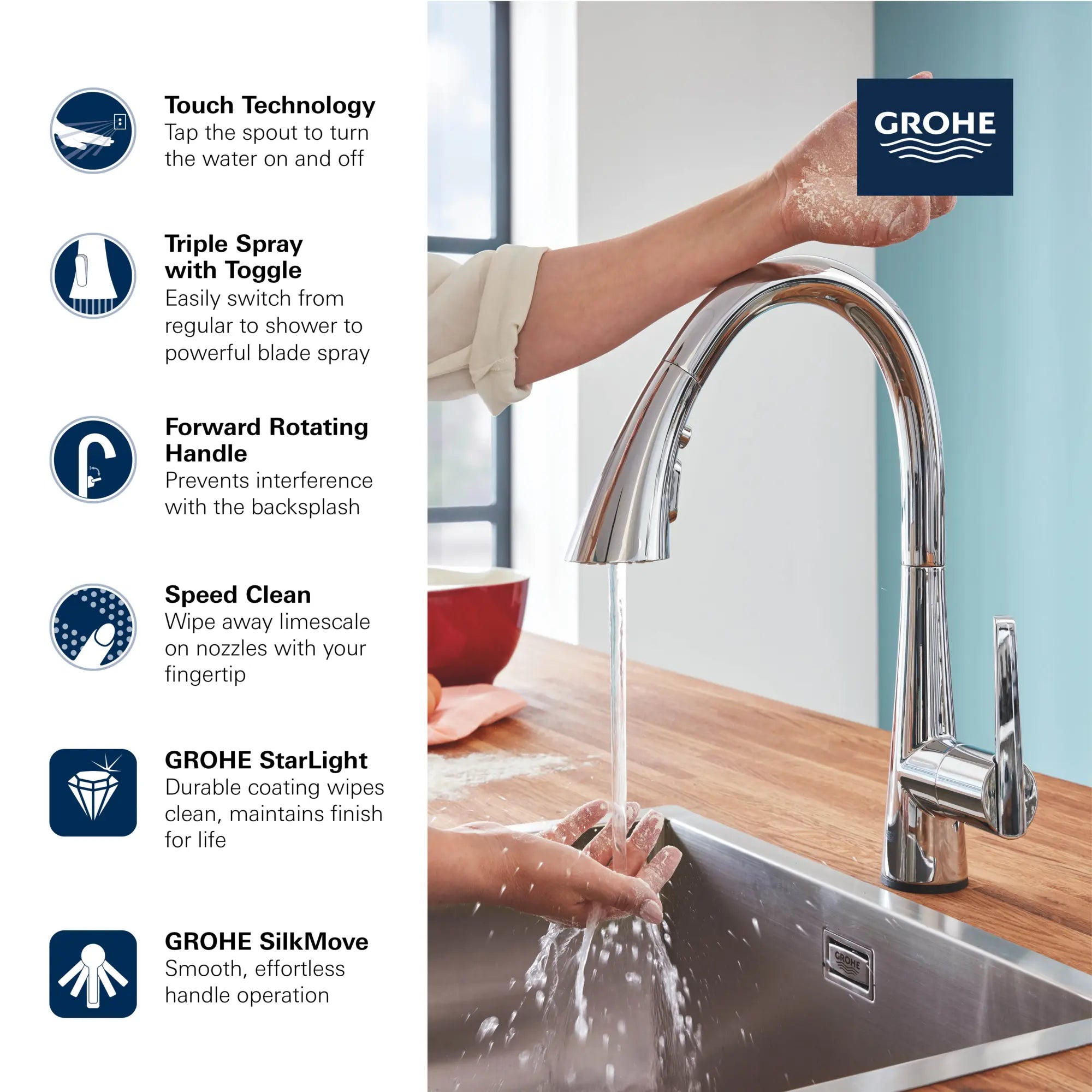 Single-Handle Pull Down Kitchen Faucet Triple Spray 6.6 L/min (1.75 gpm) with Touch Technology // GROHE STARLIGHT CHROME // 69268_GROHE_Zedra_30205_2_Infographics_1_CDNwebp.webp