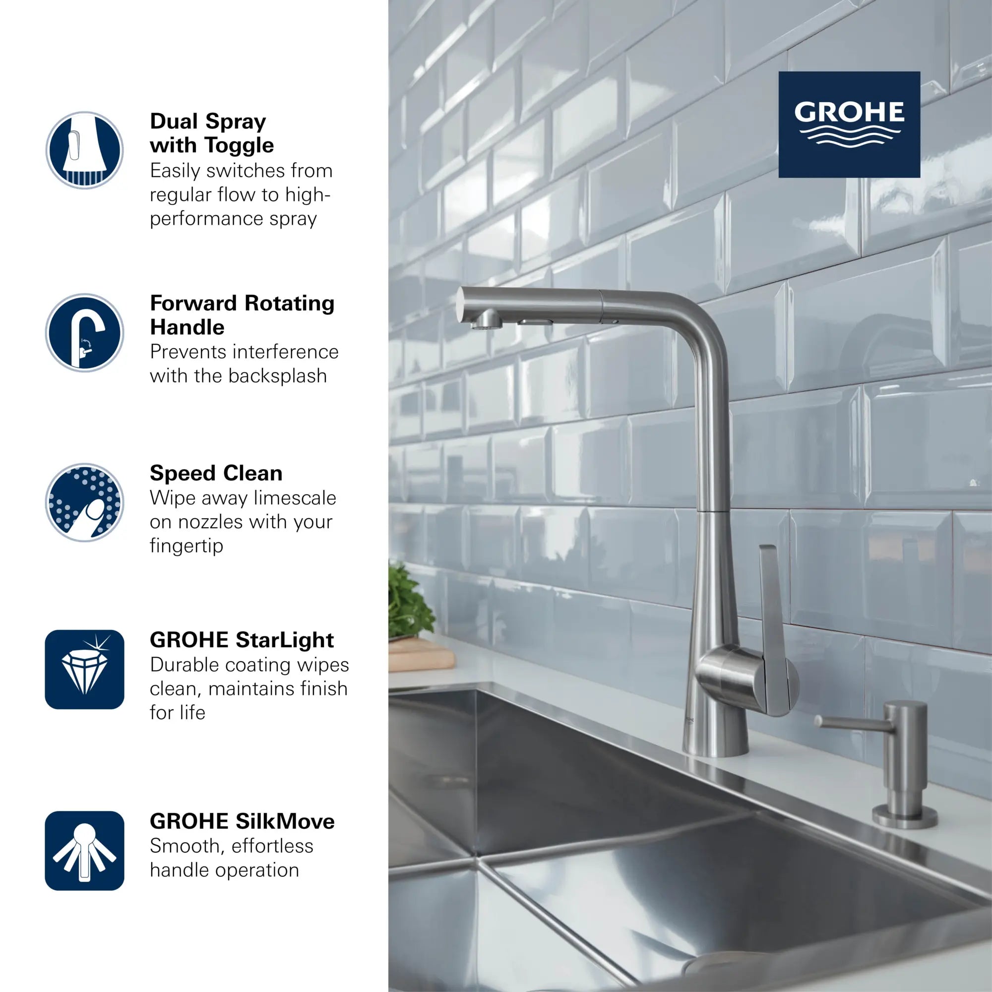 Single-Handle Pull-Out Kitchen Faucet Dual Spray 6.6 L/min (1.75 gpm) // GROHE STARLIGHT CHROME // 69285_GROHE_Zedra_33893_2_Infographics_1_CDNwebp.webp
