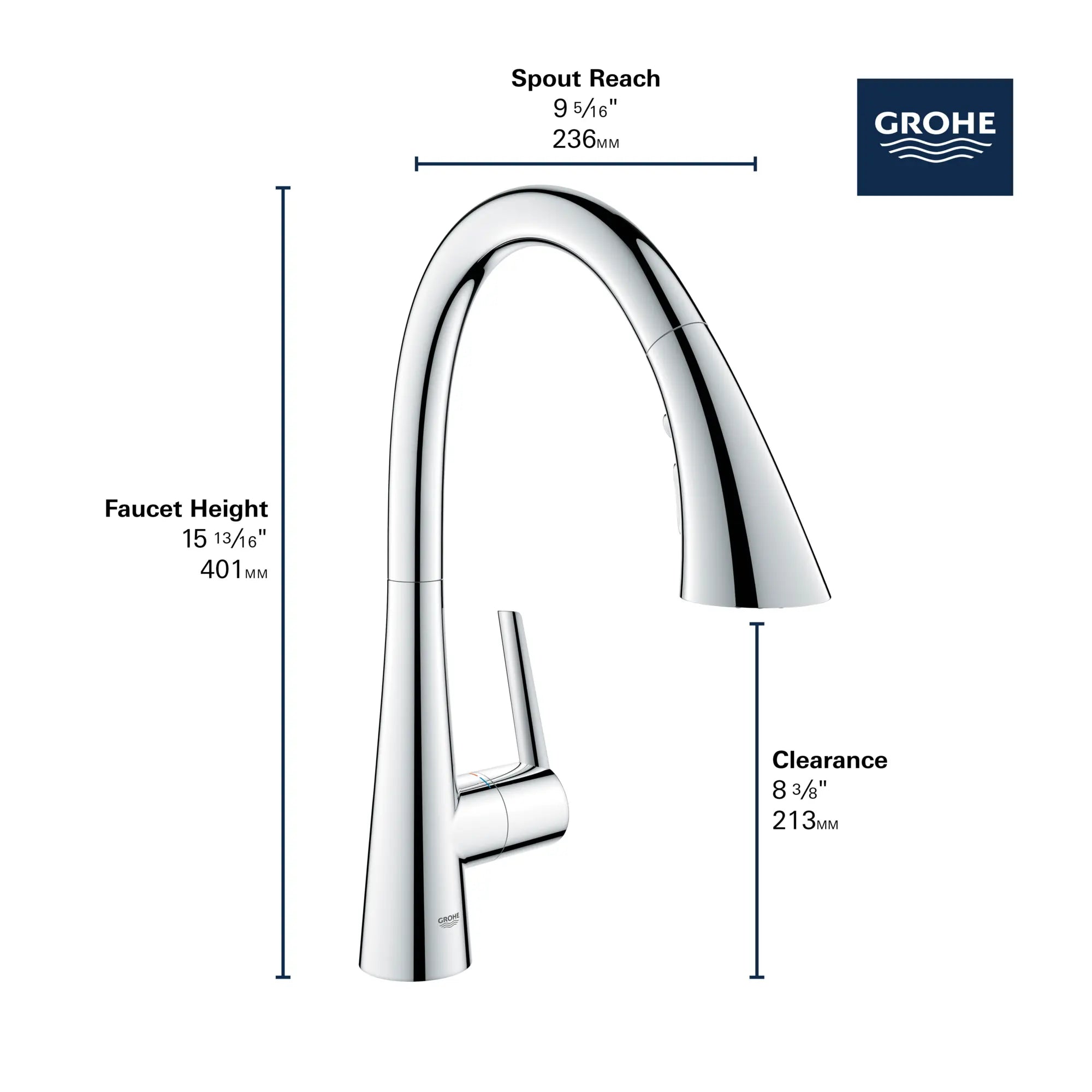 GROHE Zedra Single-Handle Pull Down Kitchen Faucet Triple Spray 1.75 GPM (6.6 L/min) // GROHE STARLIGHT CHROME // 69286_GROHE_Zedra_32298_3_Infographics_2_0_CDNwebp.webp