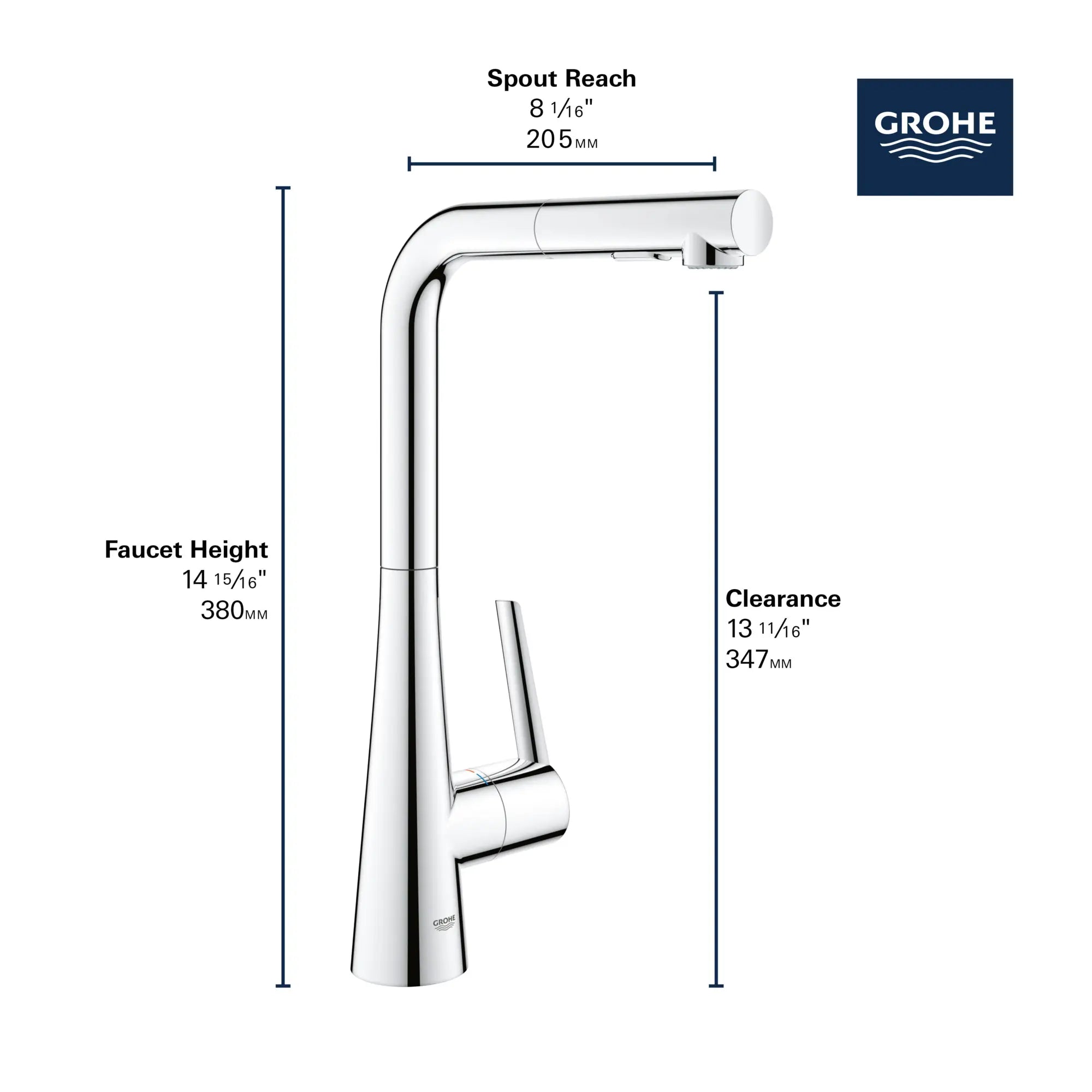 Single-Handle Pull-Out Kitchen Faucet Dual Spray 6.6 L/min (1.75 gpm) // GROHE STARLIGHT CHROME // 69290_GROHE_Zedra_33893_2_Infographics_2_0_CDNwebp.webp